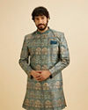 Teal Green Tree of Life Printed Kurta Set with Embellished Neckline